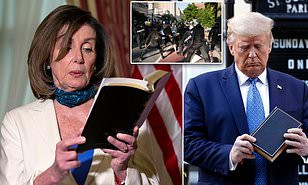 (Video) Nancy Pelosi holds bible, then quotes Bush & Obama in response to Trump's bible visit to church